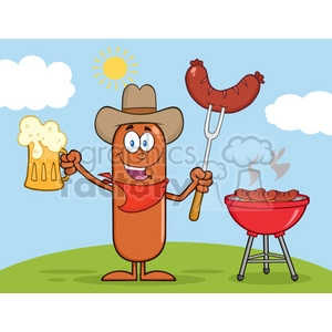 8461 Royalty Free RF Clipart Illustration Cowboy Sausage Cartoon Character Holding A Beer And Weenie Next To BBQ Vector Illustration Isolated On White