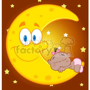6996 Royalty Free RF Clipart Illustration Cute African American Baby Girl Sleeps On The Smiling Moon Cartoon Characters
