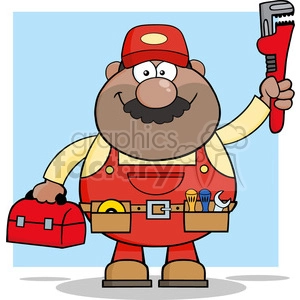 8538 Royalty Free RF Clipart Illustration African American Mechanic Cartoon Character With Wrench And Tool Box Vector Illustration With Background