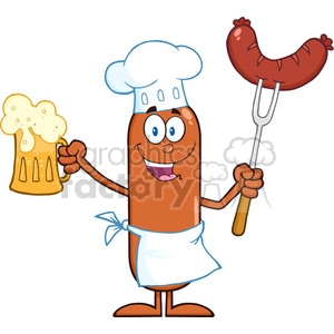 8444 Royalty Free RF Clipart Illustration Happy Chef Sausage Cartoon Character Holding A Beer And Weenie On A Fork Vector Illustration Isolated On White