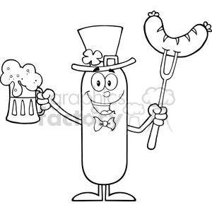 8437 Royalty Free RF Clipart Illustration Black And White Leprechaun Sausage Cartoon Character Holding A Beer And Weenie On A Fork Vector Illustration Isolated On White