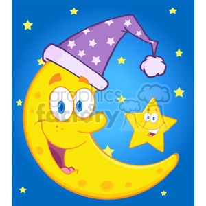 Royalty Free RF Clipart Illustration Smiling Crescent Moon With Sleeping Hat And Happy Litlle Star Cartoon Characters