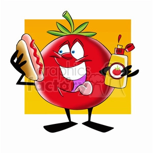 tom the cartoon tomato character eating a hotdog