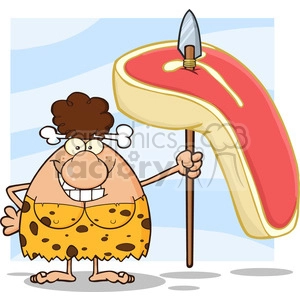 10032 smiling brunette cave woman cartoon mascot character holding a spear with big raw steak vector illustration