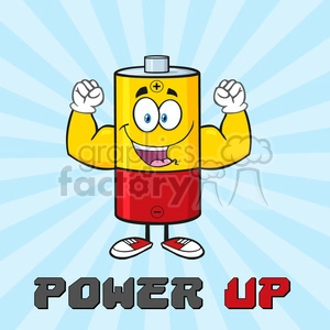 royalty free rf clipart illustration happy battery cartoon mascot character flexing vector illustration poster with text power up and background