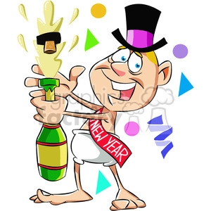 The clipart image shows a cartoon baby dressed in a top hat and carrying a bottle of champagne, symbolizing the New Year's Eve celebration. The baby represents Baby New Year, a personification of the incoming year, commonly used in Western cultures.
