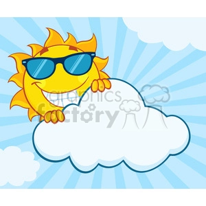 royalty free rf clipart illustration smiling summer sun mascot cartoon character with sunglasses hiding behind cloud vector illustration with background