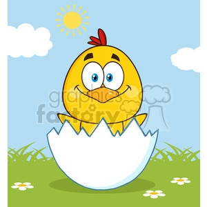 royalty free rf clipart illustration happy yellow chick cartoon character hatching from an egg vector illustration with background