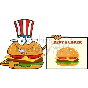 illustration american burger cartoon mascot character pointing to a sign banner with text best burger vector illustration isolated on white background