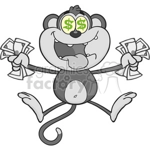 royalty free rf clipart illustration greedy monkey cartoon character jumping with cash money and dollar eyes in gray color vector illustration isolated on white