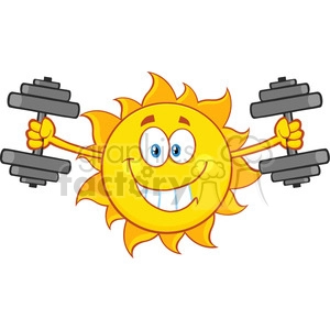 smiling sun cartoon mascot character working out with dumbbells vector illustration isolated on white background