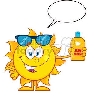 cute sun cartoon mascot character with sunglasses holding a bottle of sun block cream vith text vector illustration isolated on white background with speech bubble