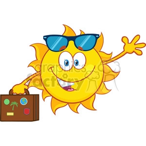 10209 smiling summer sun cartoon mascot character with sunglasses carrying luggage and waving vector illustration isolated on white background