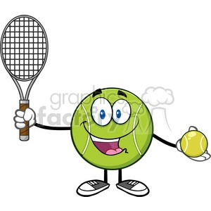 cute tennis ball player cartoon character holding a tennis ball and racket vector illustration isolated on white