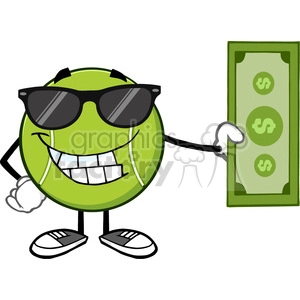 smiling tennis ball cartoon mascot character with sunglasses holding a dollar bill vector illustration isolated on white