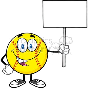 funny softball cartoon mascot character holding a blank sign vector illustration isolated on white background