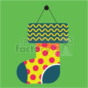 cartoon christmas stocking on green square with christmas trees vector flat design