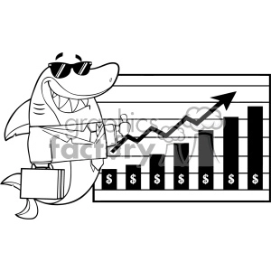 The clipart image features a cartoon character that is a shark. The shark is dressed in business attire, including a suit, tie, and sunglasses, giving it a professional look. It is holding a briefcase, symbolizing a businessperson or an investor. The shark is also standing next to a growth chart with a trend line that is rising and bars with dollar signs, indicating an increase in profits or successful investments.