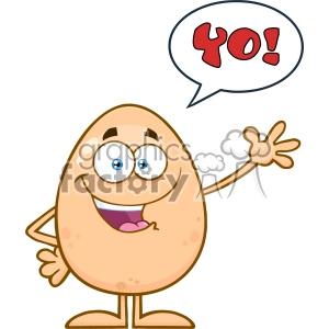 10924 Royalty Free RF Clipart Happy Egg Cartoon Mascot Character Waving For Greeting With Speech Bubble And Text Yo! Vector Illustration