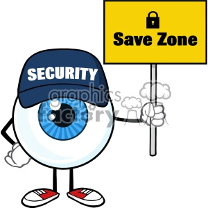 Blue Eyeball Cartoon Mascot Character Security Guard Holding Up A Save Zone Sign Vector