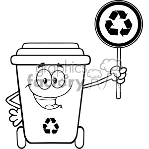 Black And White Cute Recycle Bin Cartoon Mascot Character Holding A Recycle Sign Vector