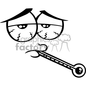 10919 Royalty Free RF Clipart Black And White Sick Cartoon Funny Face With Tired Expression And Thermometer Vector Illustration
