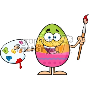 10949 Royalty Free RF Clipart Happy Colored Easter Egg Cartoon Mascot Character Holding A Paintbrush And Palette Vector Illustration