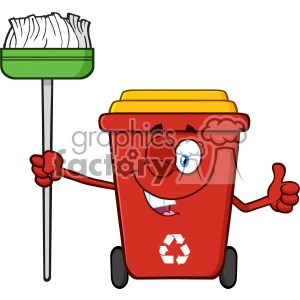Winking Red Recycle Bin Cartoon Mascot Character Holding A Broom And Giving A Thumb Up Vector
