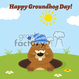 Cute Marmot Cartoon Character With Sleeping Hat Emerging From A Hole Vector Flat Design With Background And Text Happy Groundhog Day