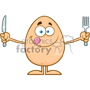 10938 Royalty Free RF Clipart Cute Egg Cartoon Mascot Character Licking His Lips And Holding Silverware Vector Illustration