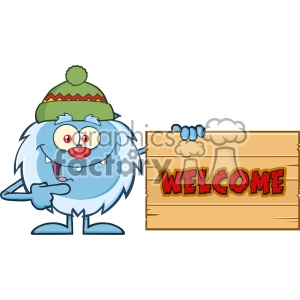 Cute Little Yeti Cartoon Mascot Character With Hat Pointing To A Welcome Wooden Sign Vector