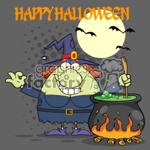 Ugly Halloween Witch Cartoon Mascot Character Preparing A Potion In A Cauldron Vector With Halftone Background And Text Happy Halloween
