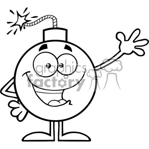 10777 Royalty Free RF Clipart Black And White Funny Bomb Cartoon Mascot Character Waving For Greeting Vector Illustration