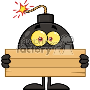 10787 Royalty Free RF Clipart Smiling Bomb Cartoon Mascot Character Holding Wooden Blank Sign Vector Illustration