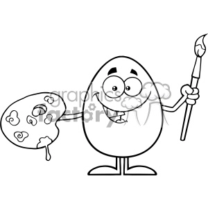 10939 Royalty Free RF Clipart Black And White Smiling Egg Cartoon Mascot Character Holding A Paintbrush And Palette Vector Illustration