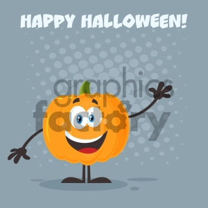 Happy Orange Pumpkin Vegetables Cartoon Emoji Character Waving For Greeting Vector Illustration Flat Design Style With Background And Text Happy Halloween_1