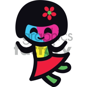 The clipart image shows a stylized character resembling a dancing girl. The character has a round, simple face that's half blue and half pink with a cheerful, closed-eye smile. The hair is depicted as a large, round black shape with a red flower with a green center on top. The character's outfit appears to be a multicolored dress featuring red, yellow, and green, with a flowy skirt that gives the impression of movement, as if she is spinning. The arms are outstretched, and the feet are positioned in a dancing stance, suggesting dynamic motion.