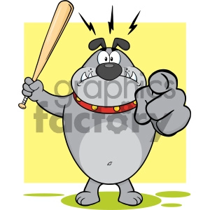 Royalty Free RF Clipart Illustration Angry Gray Bulldog Cartoon Mascot Character Holding A Bat And Pointing Vector Illustration With Background Isolated On White