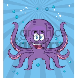 Royalty Free RF Clipart Illustration Happy Purple Octopus Cartoon Mascot Character Swimming Underwater Vector Illustration With Blue Background