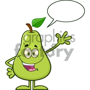 Happy Pear Fruit With Green Leaf Cartoon Mascot Character Waving For Greeting With Speech Bubble