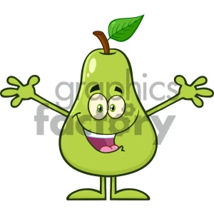 Royalty Free RF Clipart Illustration Happy Pear Fruit With Green Leaf Cartoon Mascot Character With Open Arms For Hugging Vector Illustration Isolated On White Background
