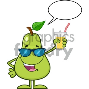 Green Pear Fruit With Sunglasses Cartoon Mascot Character Holding Up A Glass Of Juice With Speech Bubble