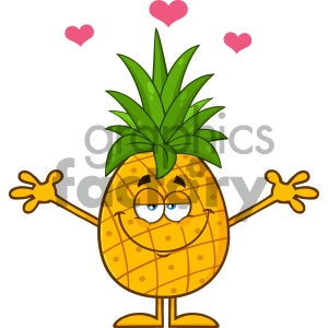 Royalty Free RF Clipart Illustration Happy Pineapple Fruit With Green Leafs Cartoon Mascot Character With Open Arms For Hugging Vector Illustration Isolated On White Background_1