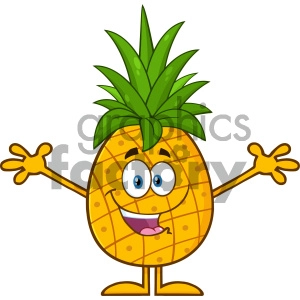 Royalty Free RF Clipart Illustration Happy Pineapple Fruit With Green Leafs Cartoon Mascot Character With Open Arms For Hugging Vector Illustration Isolated On White Background