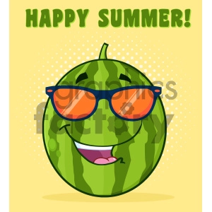 Royalty Free RF Clipart Illustration Smiling Green Watermelon Fruit Cartoon Mascot Character With Sunglasses Vector Illustration With Halftone Background And Text Happy Summer
