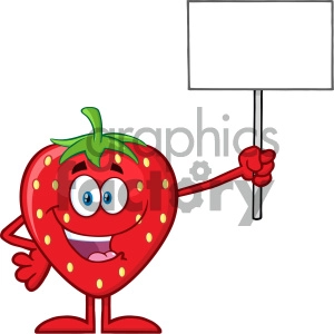 Royalty Free RF Clipart Illustration Happy Strawberry Fruit Cartoon Mascot Character Holding A Blank Sign Vector Illustration Isolated On White Background