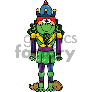 The clipart image depicts a frog dressed as a king. The frog is standing upright and is adorned with a blue crown, a green face with large, bulging white and black eyes, and a red cloak draped over its shoulders. The frog's body has a yellow-and-purple design that resembles royal attire, complete with a purple belt and patterned green trousers. The frog's feet are visible at the bottom of the image, and a cartoonish golden brown scepter lies next to one of its feet. This anthropomorphized frog character is stylized with vivid colors and a whimsical appearance.
SEO title for this image: Cartoon King Frog Clipart Image