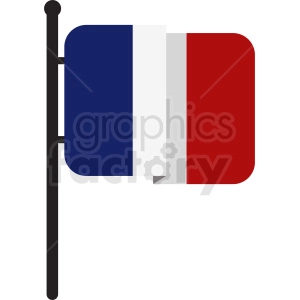 The image shows a clipart illustration of the national flag of France, displayed vertically on a flagpole. The French flag is characterized by its three vertical bands of color in blue, white, and red, from left to right.