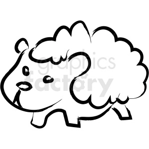 The image is a simple black and white line drawing of a cartoon sheep. The sheep has a fluffy, cloud-like fleece, and a cute, stylized face with visible eyes, nose, and mouth. It appears to be standing and is drawn in a side profile view.
