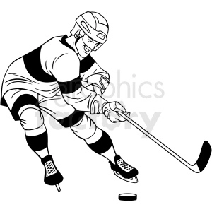 black and white hockey player shooting puck clipart